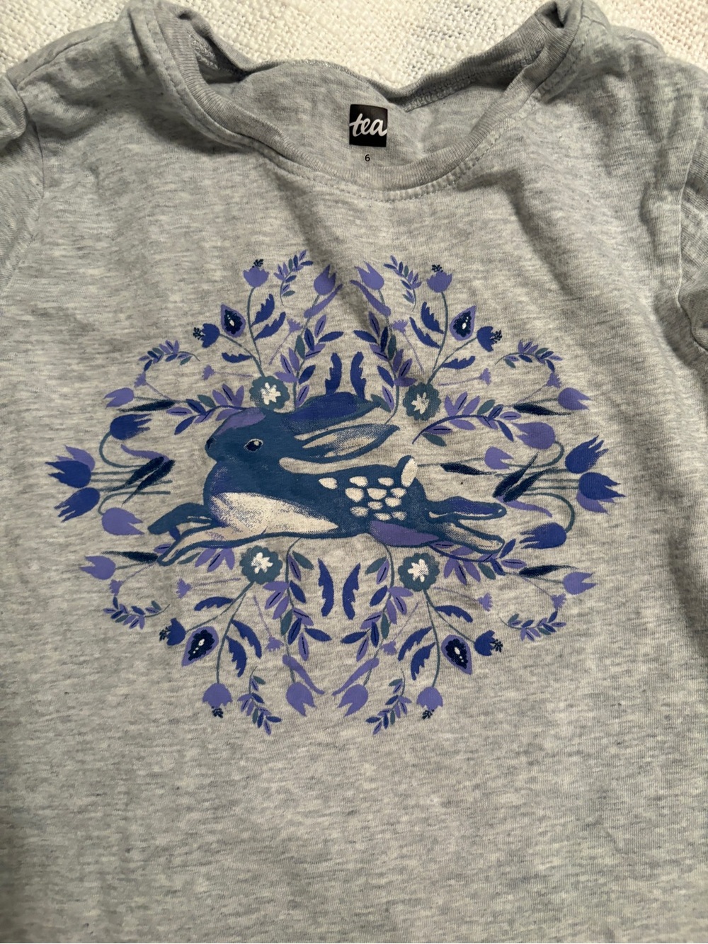 Tea Collection Gray Tee with Blue and Purple Floral Rabbit